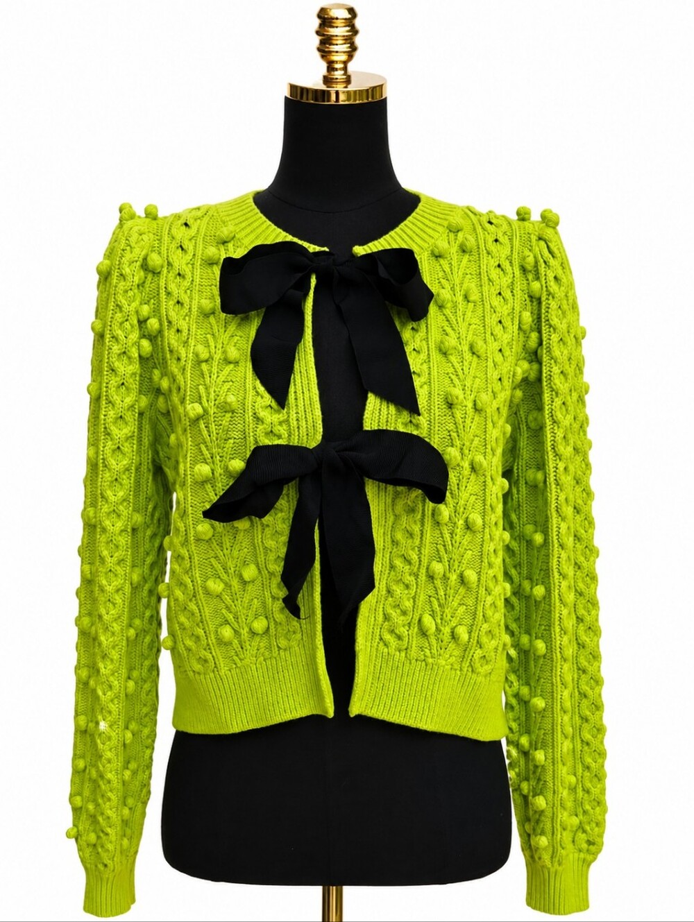 Alice + Olivia Lime Green Kitty Bow Puff Sleeve Cardigan M - Picture 7 of 14